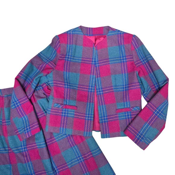 Vintage Johnny B Plaid Wool Skirt & Jacket Set Fuchsia & Teal M Classic 2-Piece - Picture 9 of 11